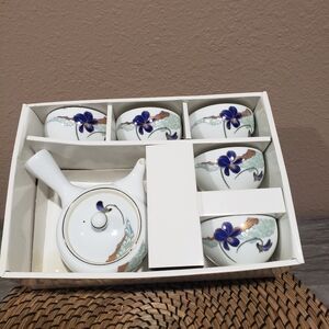 Tajimi Japanese Tea  Cup Set Blue Bamboo Design Porcelain  6Pc